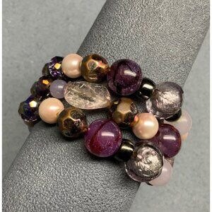 Triple Strand Stretch Bracelet 7 In Purple Gold Pearl Crackle Glitter Boho Chic